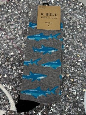 K.bell socks Men's Gray Shark Crew Socks - Blue Shark Pattern